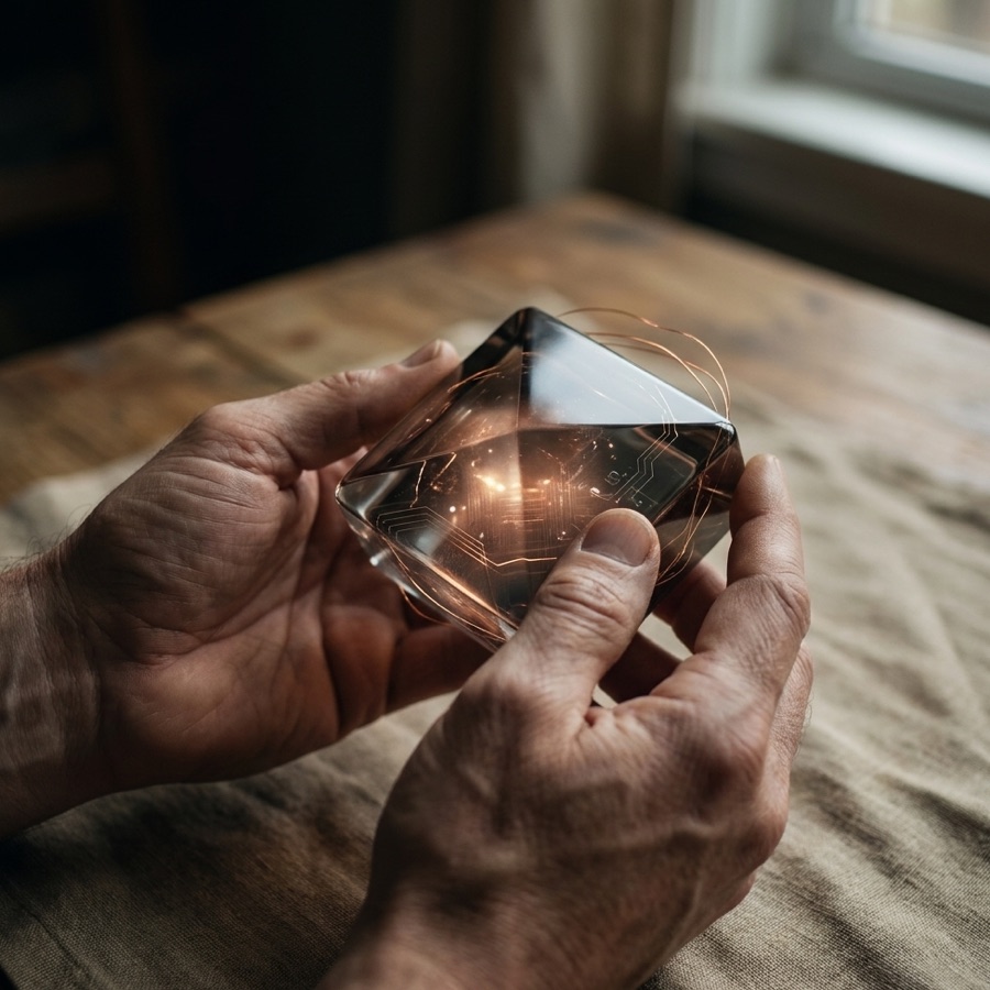 Two hands cup a faceted glass object lit from within by a circuit pattern.