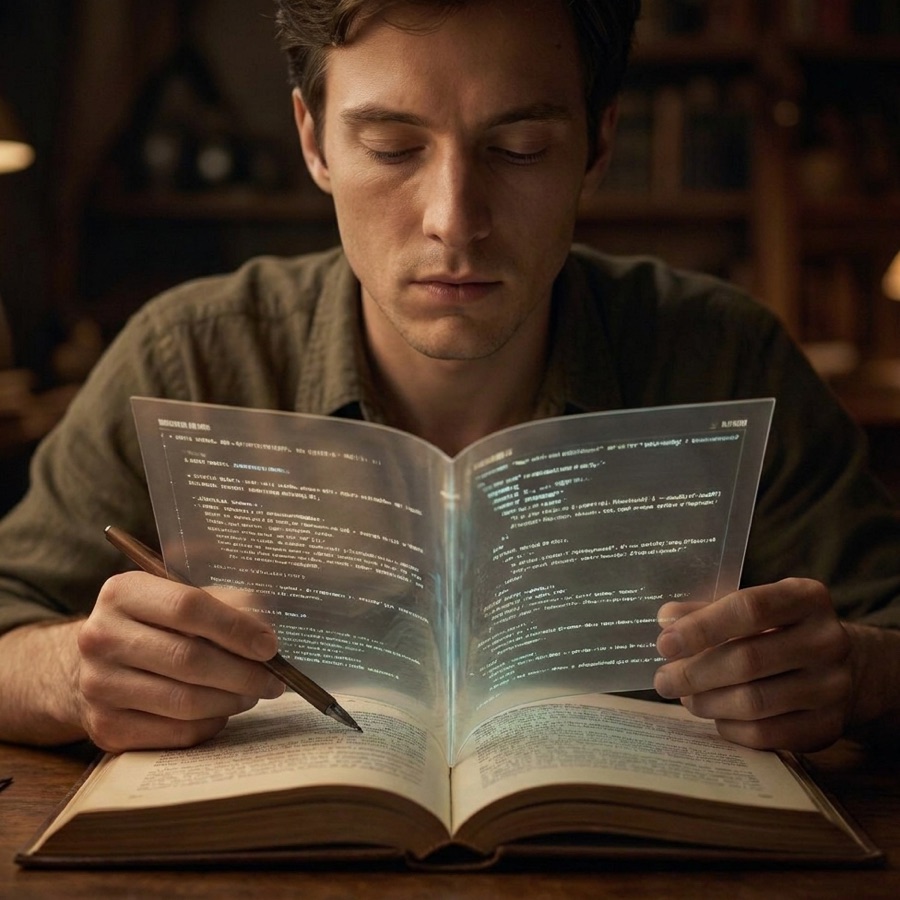 A man reads a book whose pages glow with lines of code.